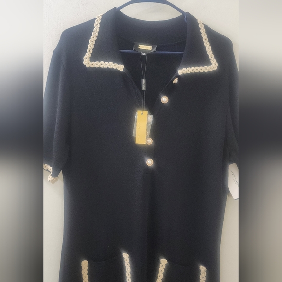 New Classic Black Knit Dress with Cream Trim, Size Extra Large. - Picture 2 of 11